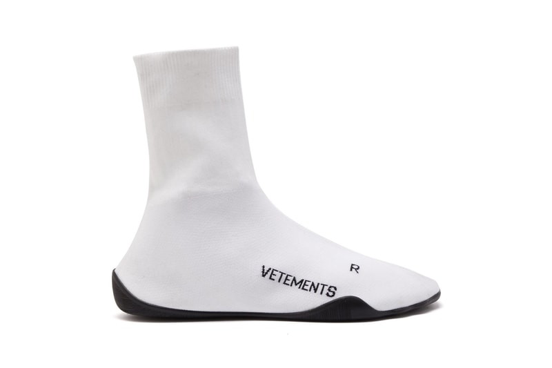 vetements sock trainers anarachy print jersey logo jacquard white black colorway release 