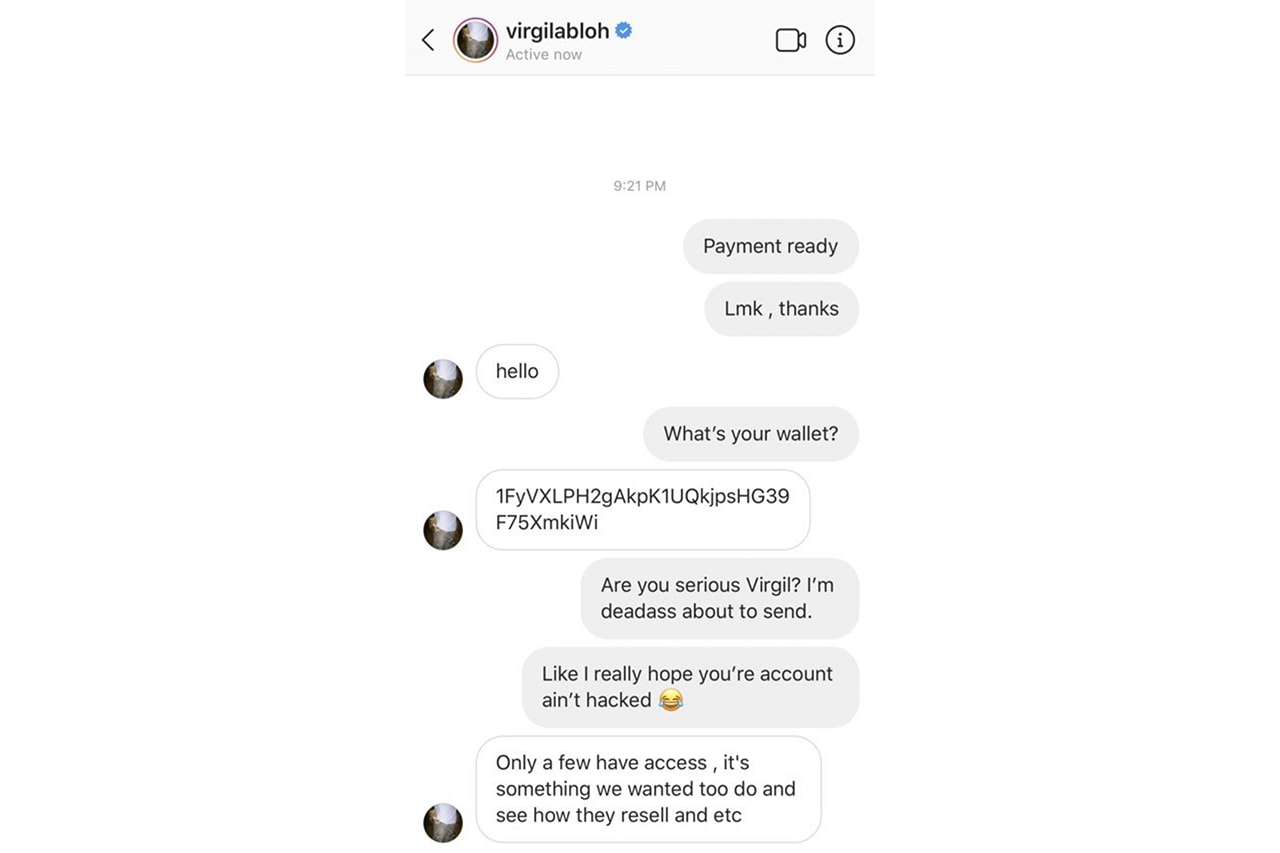 Virgil Abloh's Instagram Was Hacked Off white louis vuitton sneakers nike sale bitcoin transaction btc 