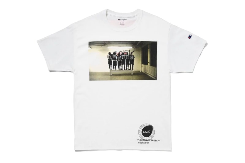 Virgil Abloh x Simon Brown MCA Chicago Apparel release info drop date price stockist museum of contemporary art "FIGURES OF SPEECH" exhibition off-white pyrex FOS # blue hoodie tees t-shirts