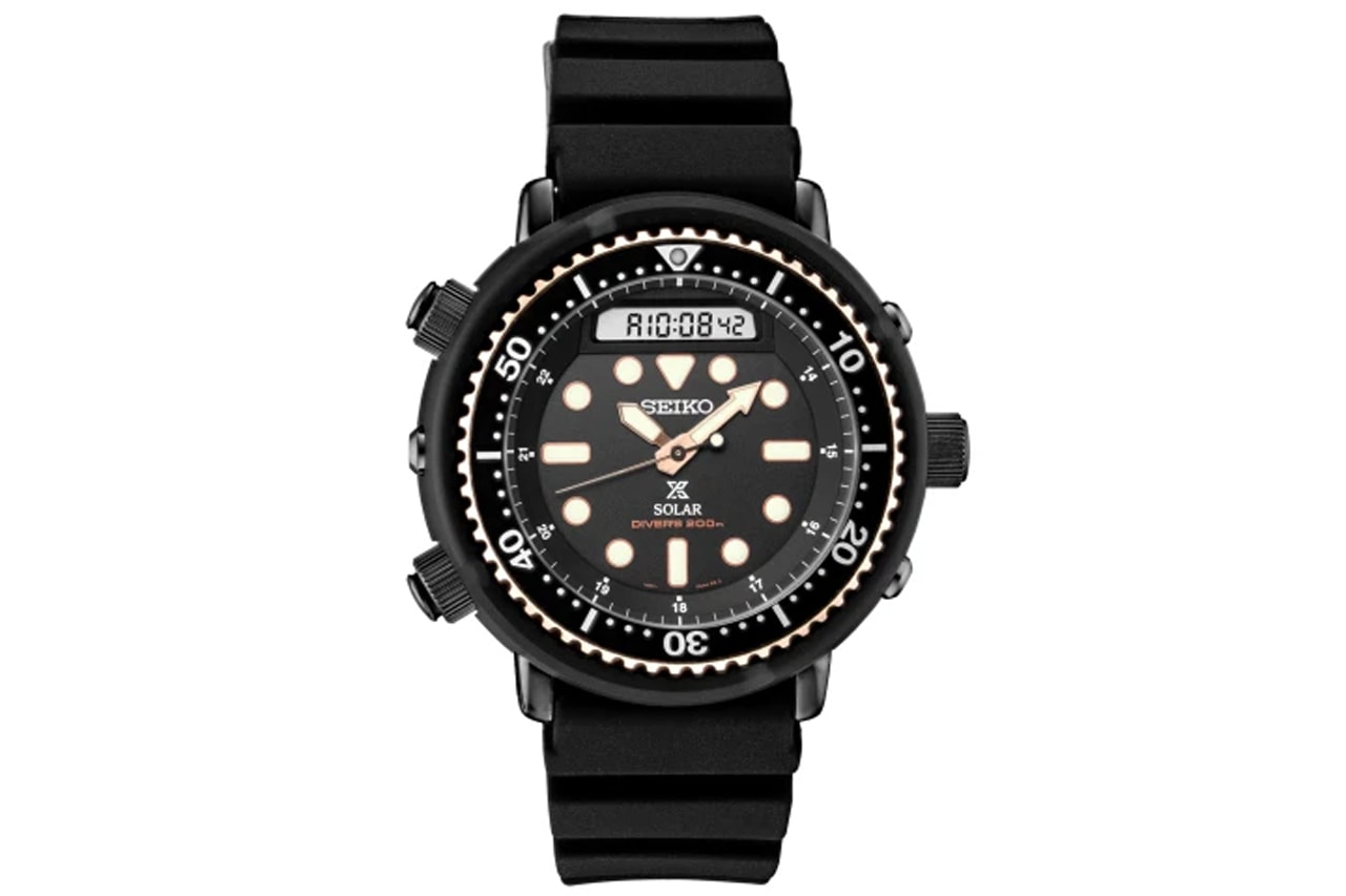 Seiko SNJ028 Recreates 1982 Hybrid Divers Watch black rose gold technology bezel 47.88mm new watch hybrid diver 150m analog digital 