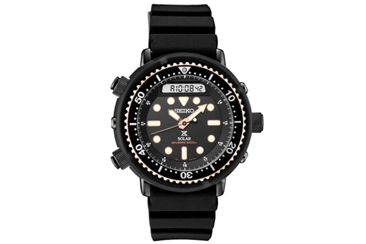 Seiko SNJ028 Recreates 1982 Hybrid Divers Watch black rose gold technology bezel 47.88mm new watch hybrid diver 150m analog digital