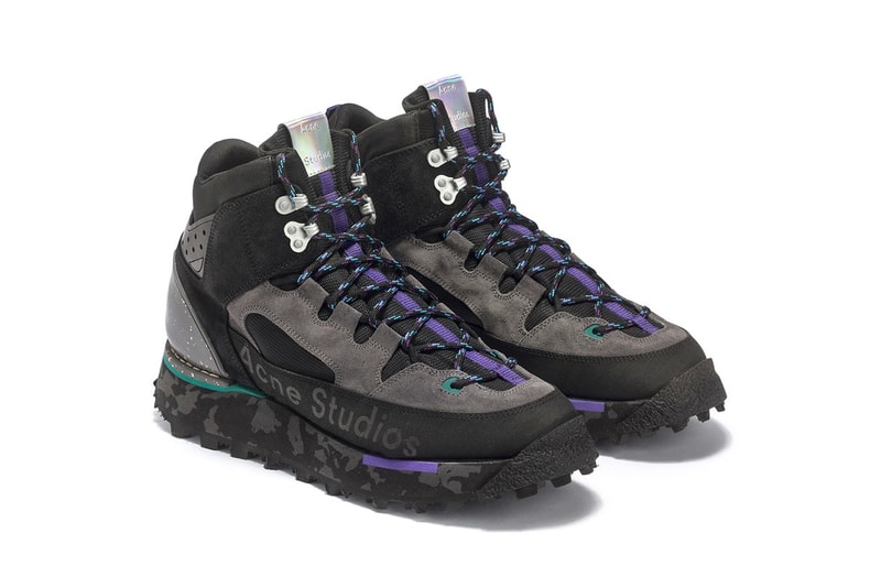 acne studios bertrand trekking boots berton logo printed leather suede sneakers fall winter 2019 black grey purple colorway release 