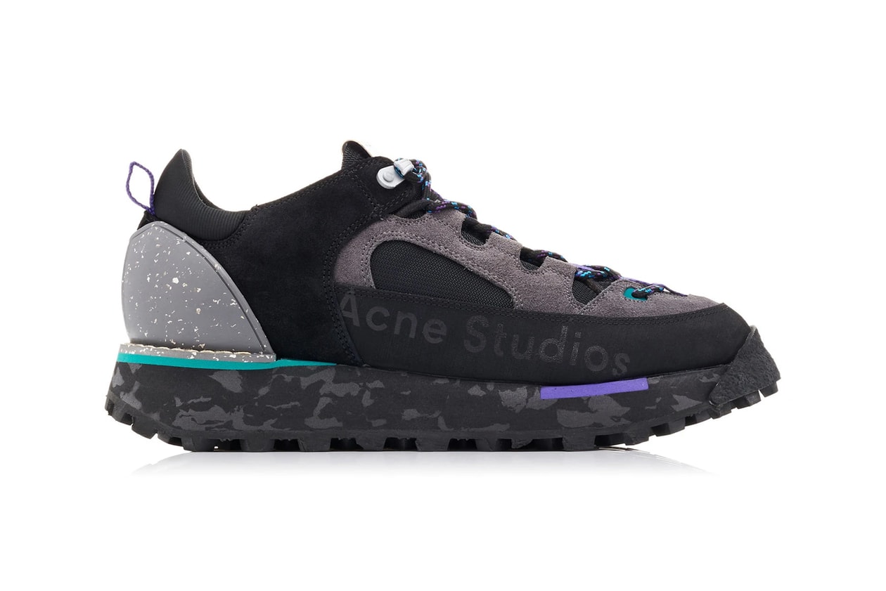acne studios bertrand trekking boots berton logo printed leather suede sneakers fall winter 2019 black grey purple colorway release 