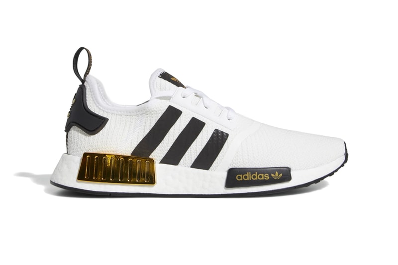 adidas NMD R1 Cloud White Gold Metallic eva plugs shiny glinting boost sole white black sneaker footwear runner performance trainer cushion mesh primeknit upper