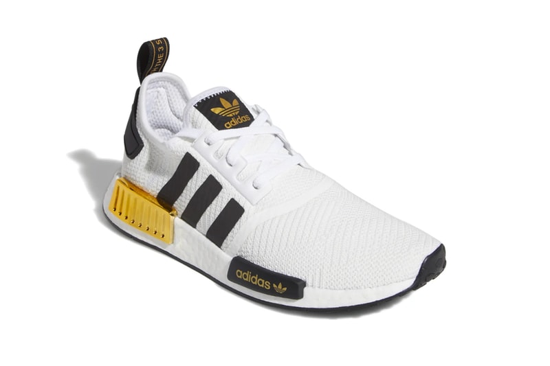 adidas NMD R1 Cloud White Gold Metallic eva plugs shiny glinting boost sole white black sneaker footwear runner performance trainer cushion mesh primeknit upper