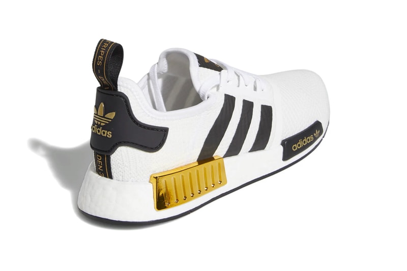 adidas NMD R1 Cloud White Gold Metallic eva plugs shiny glinting boost sole white black sneaker footwear runner performance trainer cushion mesh primeknit upper