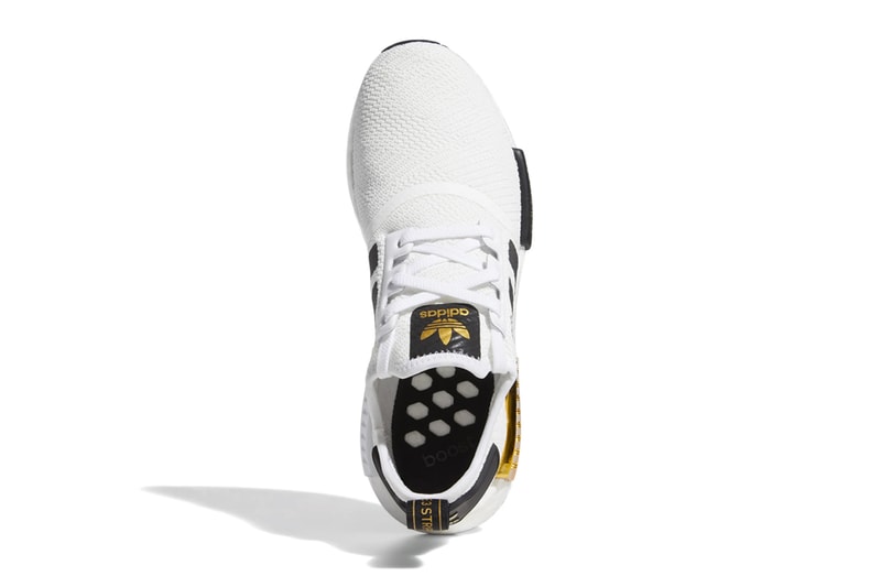 adidas NMD R1 Cloud White Gold Metallic eva plugs shiny glinting boost sole white black sneaker footwear runner performance trainer cushion mesh primeknit upper