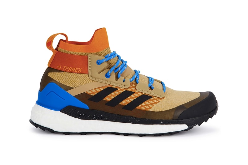 adidas Terrex Free Hiker Primeknit Cream Beige Bright Blue laces ankle support brown speckled boost sole rubber torsion system footwear sneaker hiking