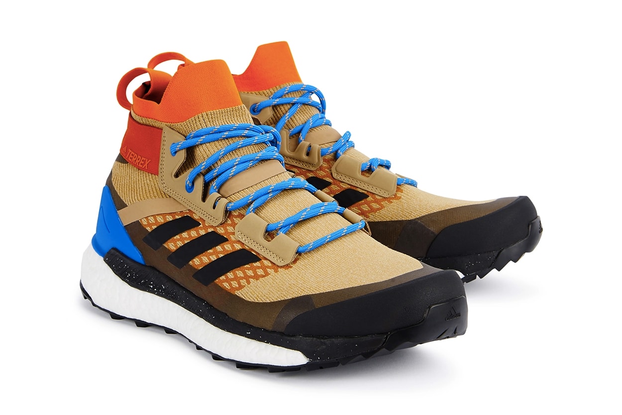 adidas Terrex Free Hiker Primeknit Cream Beige Bright Blue laces ankle support brown speckled boost sole rubber torsion system footwear sneaker hiking