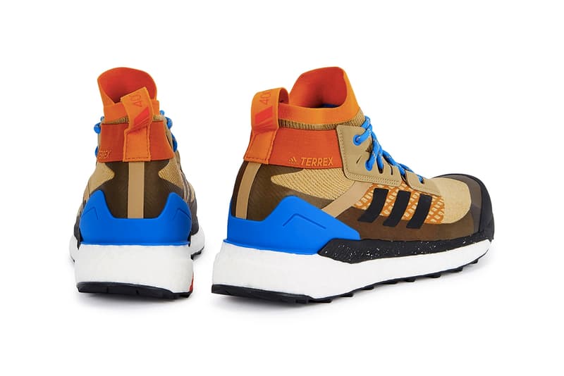 adidas Terrex Free Hiker Primeknit Cream Beige Bright Blue laces ankle support brown speckled boost sole rubber torsion system footwear sneaker hiking