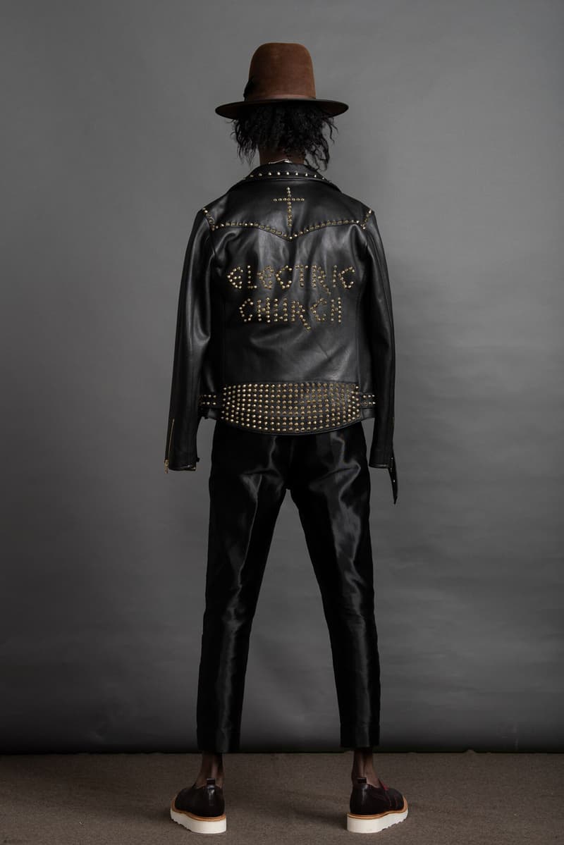 Art Comes First Fall/Winter 2019 Collection Electric Church Jackets Pants Shirts Hats Black Leather Fringe Studs Chains Cross Textiles Avery Dennison