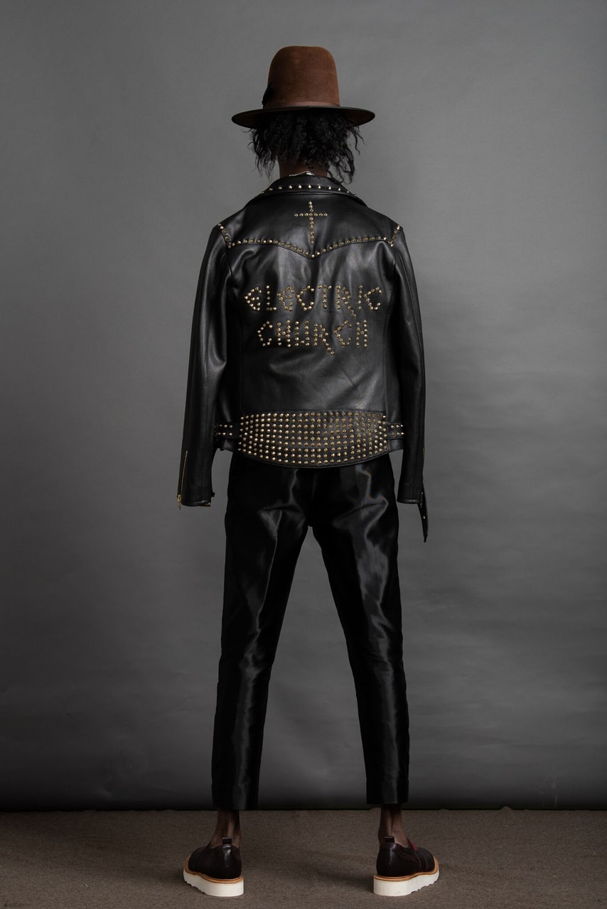 Art Comes First Fall/Winter 2019 Collection Electric Church Jackets Pants Shirts Hats Black Leather Fringe Studs Chains Cross Textiles Avery Dennison