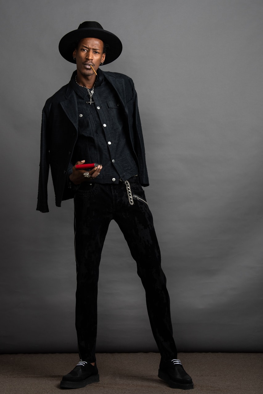 Art Comes First Fall/Winter 2019 Collection Electric Church Jackets Pants Shirts Hats Black Leather Fringe Studs Chains Cross Textiles Avery Dennison