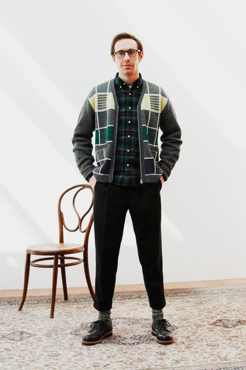 Beams Plus Fall/Winter 2019 Lookbook Collection Jackets Cardigans Shirts Coats Argyle Flannel Tweed Scarves Beanies Caps Blue Green Red Yellow Orange Black White Gray