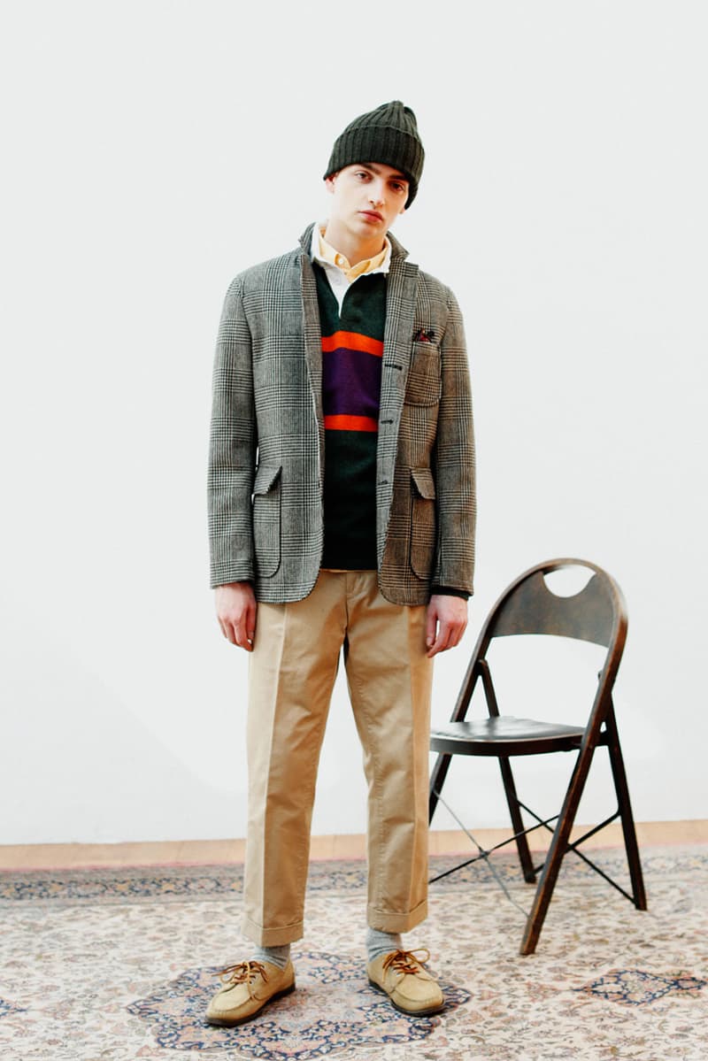 Beams Plus Fall/Winter 2019 Lookbook Collection Jackets Cardigans Shirts Coats Argyle Flannel Tweed Scarves Beanies Caps Blue Green Red Yellow Orange Black White Gray