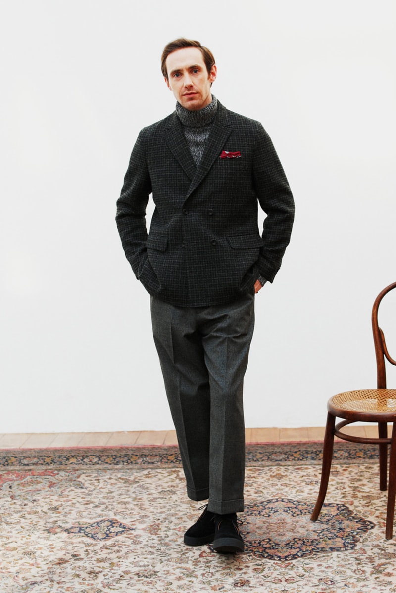 Beams Plus Fall/Winter 2019 Lookbook Collection Jackets Cardigans Shirts Coats Argyle Flannel Tweed Scarves Beanies Caps Blue Green Red Yellow Orange Black White Gray