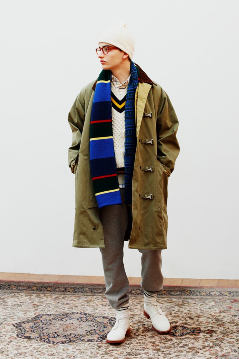 Beams Plus Fall/Winter 2019 Lookbook Collection Jackets Cardigans Shirts Coats Argyle Flannel Tweed Scarves Beanies Caps Blue Green Red Yellow Orange Black White Gray