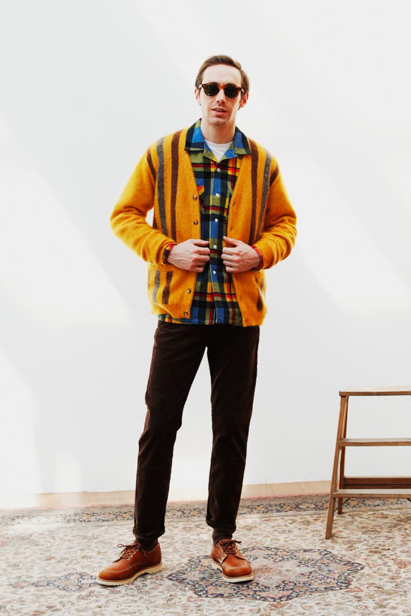 Beams Plus Fall/Winter 2019 Lookbook Collection Jackets Cardigans Shirts Coats Argyle Flannel Tweed Scarves Beanies Caps Blue Green Red Yellow Orange Black White Gray