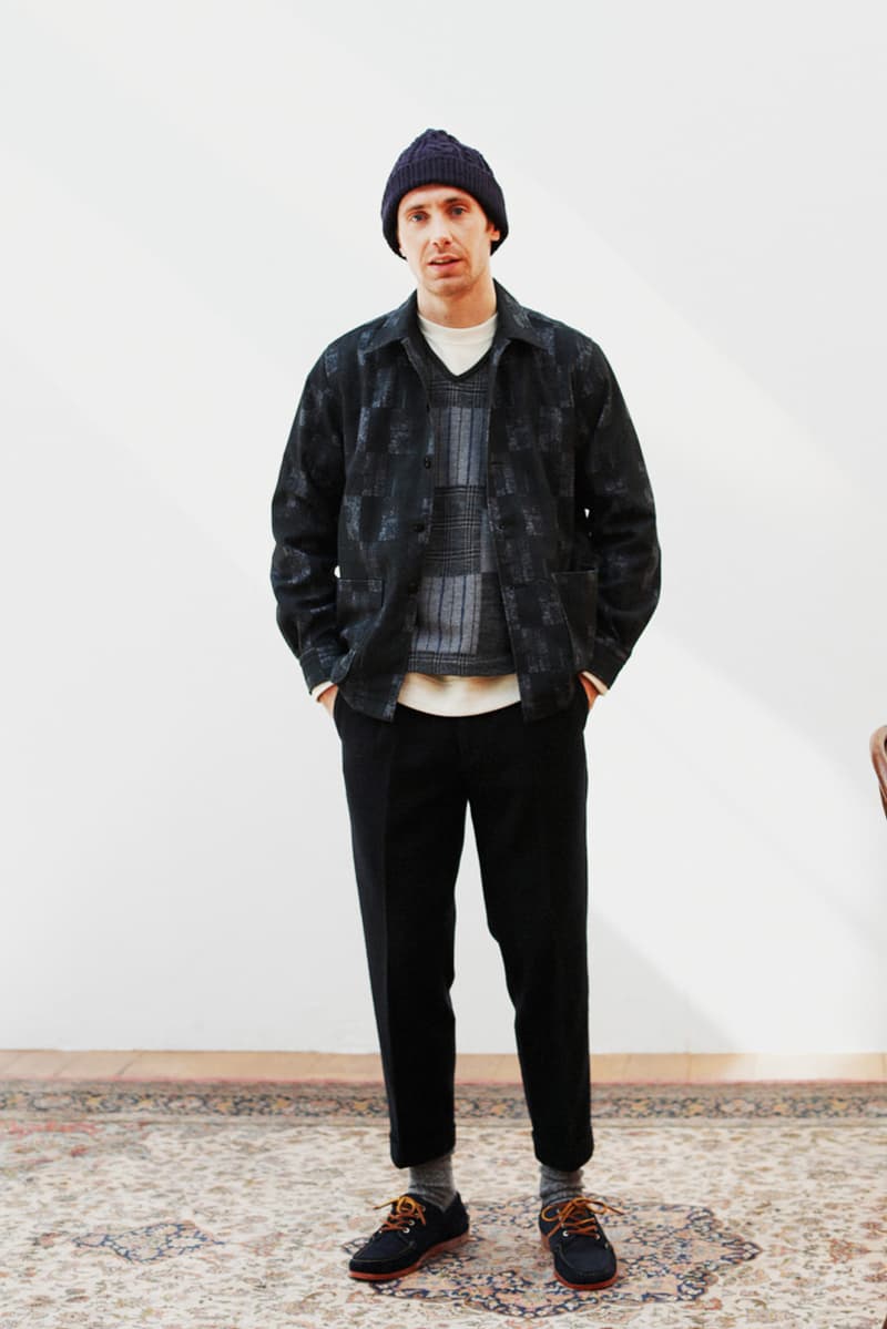 Beams Plus Fall/Winter 2019 Lookbook Collection Jackets Cardigans Shirts Coats Argyle Flannel Tweed Scarves Beanies Caps Blue Green Red Yellow Orange Black White Gray