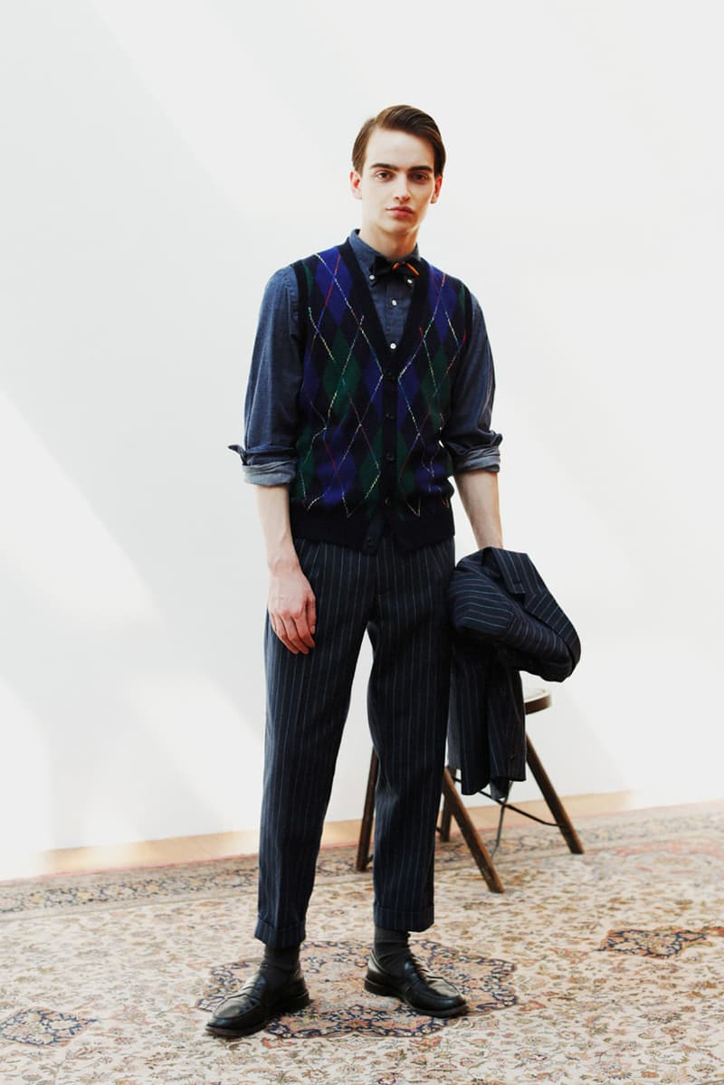 Beams Plus Fall/Winter 2019 Lookbook Collection Jackets Cardigans Shirts Coats Argyle Flannel Tweed Scarves Beanies Caps Blue Green Red Yellow Orange Black White Gray