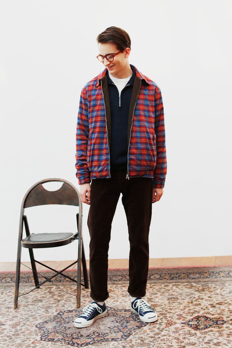 Beams Plus Fall/Winter 2019 Lookbook Collection Jackets Cardigans Shirts Coats Argyle Flannel Tweed Scarves Beanies Caps Blue Green Red Yellow Orange Black White Gray