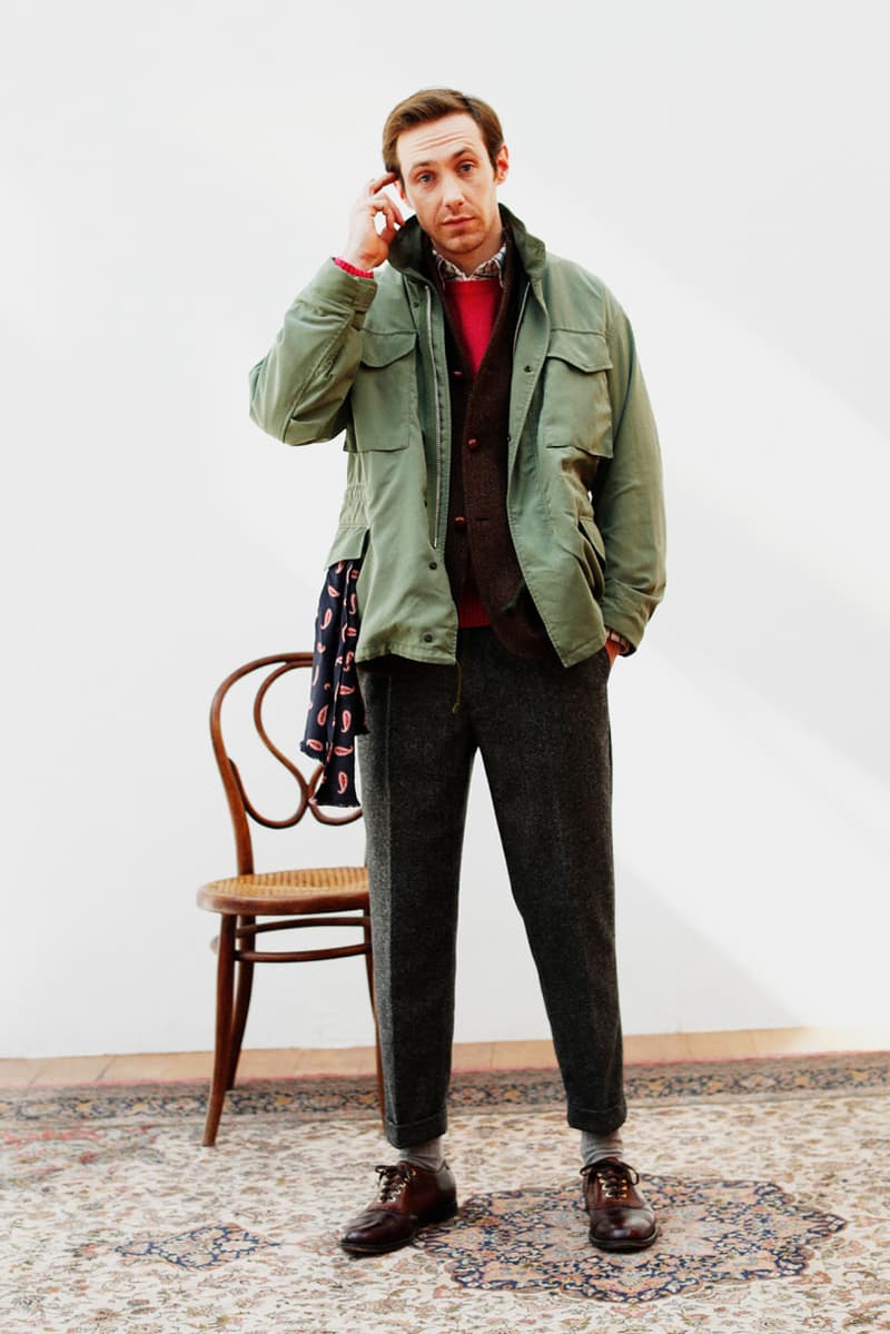 Beams Plus Fall/Winter 2019 Lookbook Collection Jackets Cardigans Shirts Coats Argyle Flannel Tweed Scarves Beanies Caps Blue Green Red Yellow Orange Black White Gray