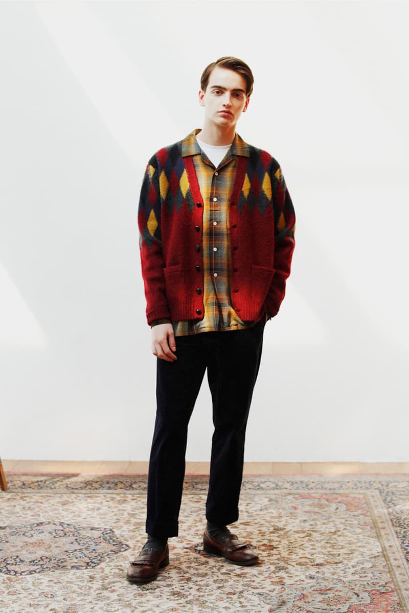 Beams Plus Fall/Winter 2019 Lookbook Collection Jackets Cardigans Shirts Coats Argyle Flannel Tweed Scarves Beanies Caps Blue Green Red Yellow Orange Black White Gray