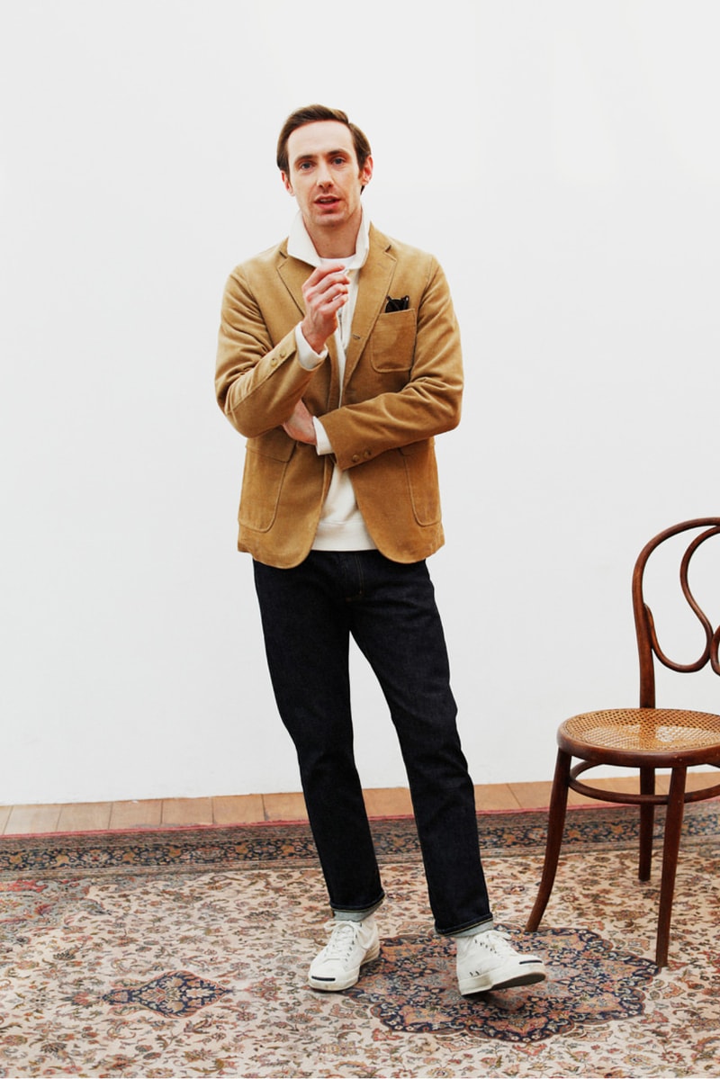 Beams Plus Fall/Winter 2019 Lookbook Collection Jackets Cardigans Shirts Coats Argyle Flannel Tweed Scarves Beanies Caps Blue Green Red Yellow Orange Black White Gray