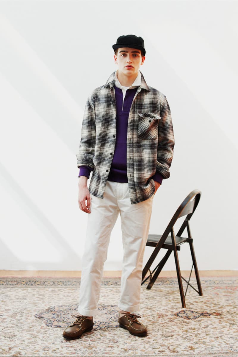 Beams Plus Fall/Winter 2019 Lookbook Collection Jackets Cardigans Shirts Coats Argyle Flannel Tweed Scarves Beanies Caps Blue Green Red Yellow Orange Black White Gray