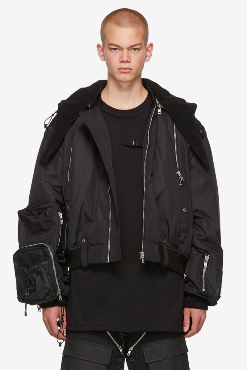 Blackmerle SSENSE Exclusive Black Hooded Bomber Jacket ma-1 bomber jacket tech flight coat warm korean ssense 