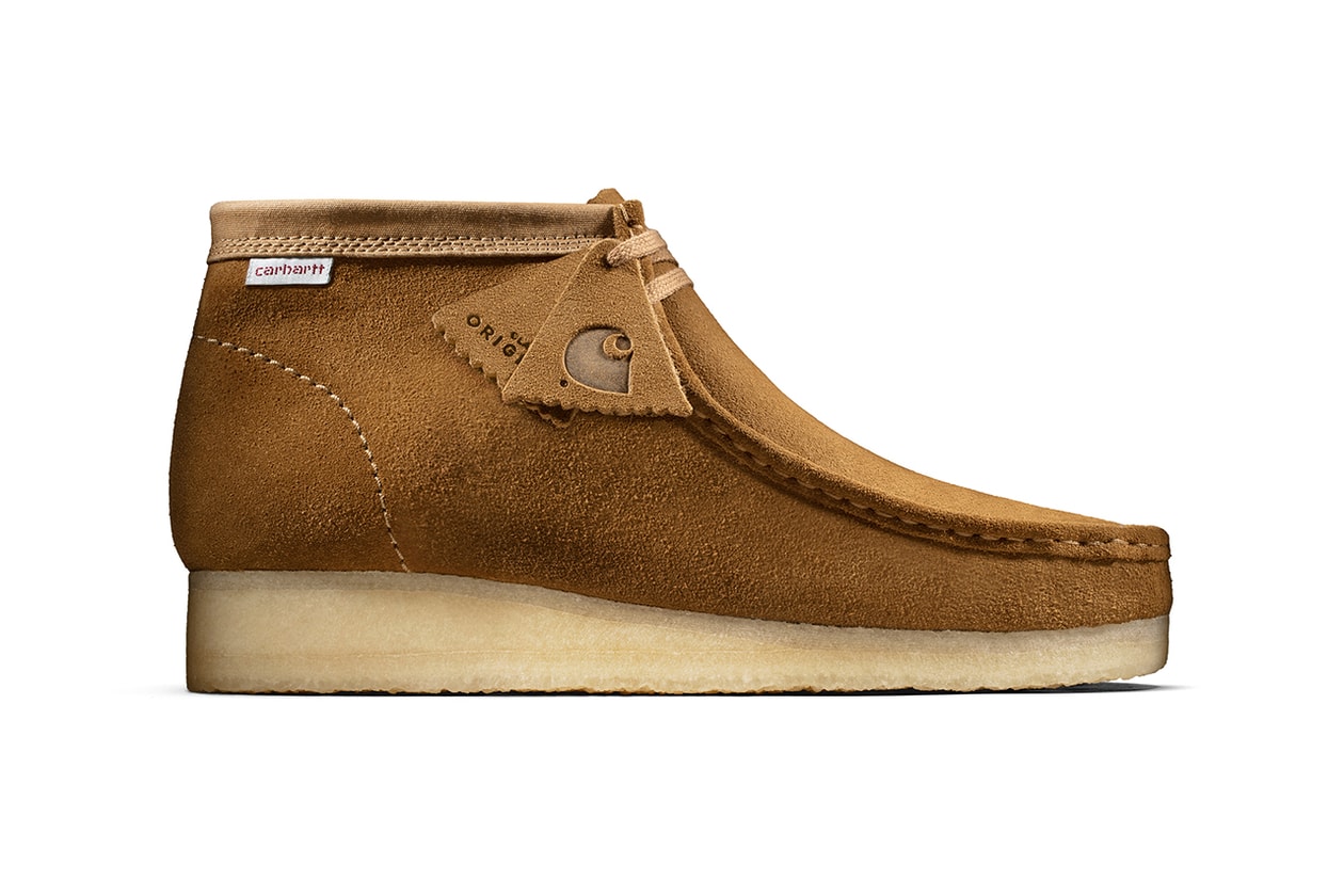 carhartt wip clarks originals wallabee boots brown combi olive camo military workwear release information status details buy cop purchase september 5