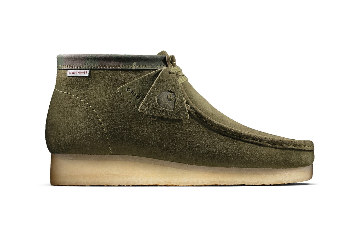 carhartt wip clarks originals wallabee boots brown combi olive camo military workwear release information status details buy cop purchase september 5