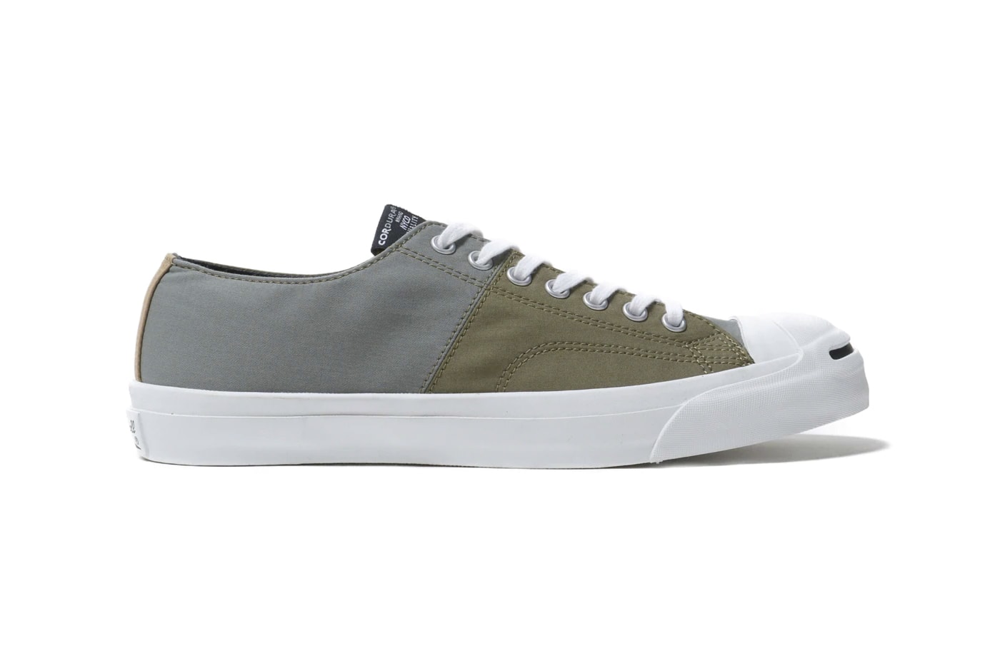 Converse Jack Purcell Cordura Nyco panels patchwork deconstruction earth tones olive beige grey white sneaker footwear classic shoe laces white