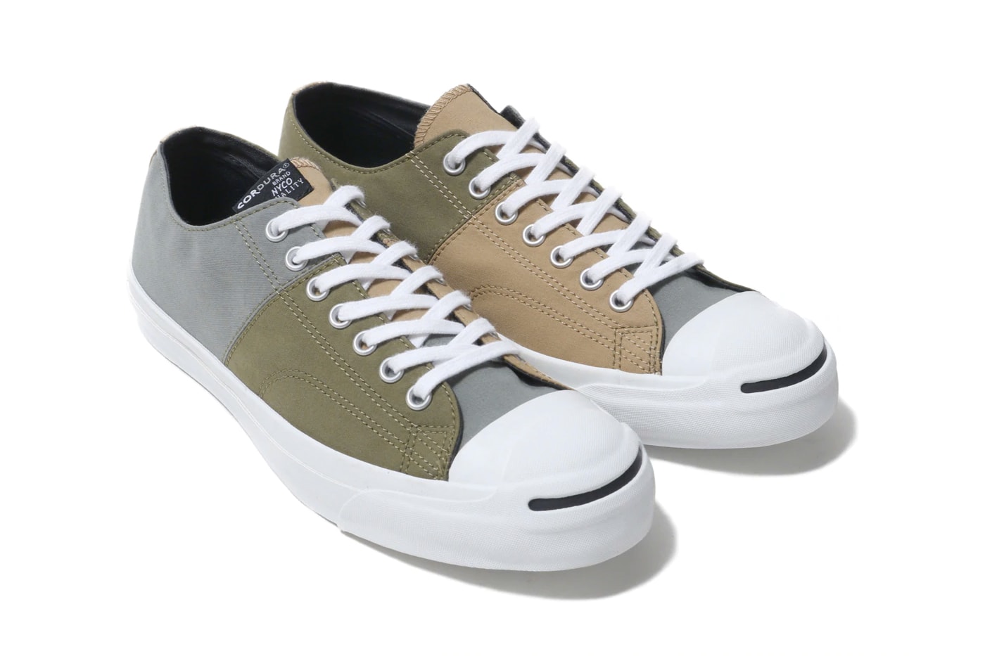 Converse Jack Purcell Cordura Nyco panels patchwork deconstruction earth tones olive beige grey white sneaker footwear classic shoe laces white