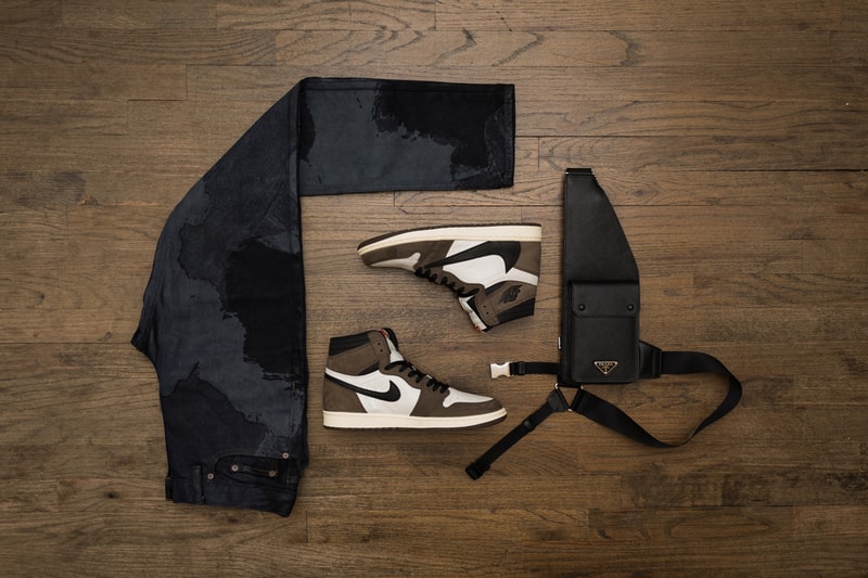 Dapper Lou x Banana Republic Giveaway Details blue shades jeans aj1 air jordan 1 travis scott brown black Prada Bandolier Bag shoulder 
