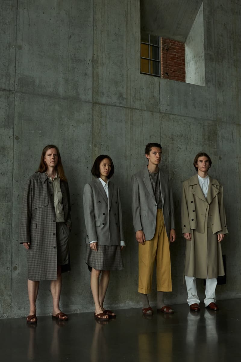 École de Pensée Spring/Summer 2020 Lookbook Blazers Jackets Shirts Trousers Pants Shorts Striped Tweed Blue Yellow Gray