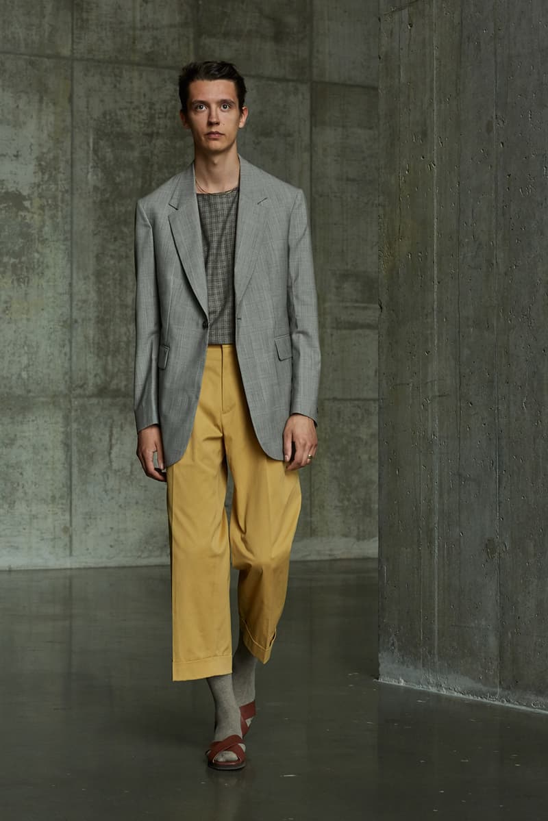 École de Pensée Spring/Summer 2020 Lookbook Blazers Jackets Shirts Trousers Pants Shorts Striped Tweed Blue Yellow Gray