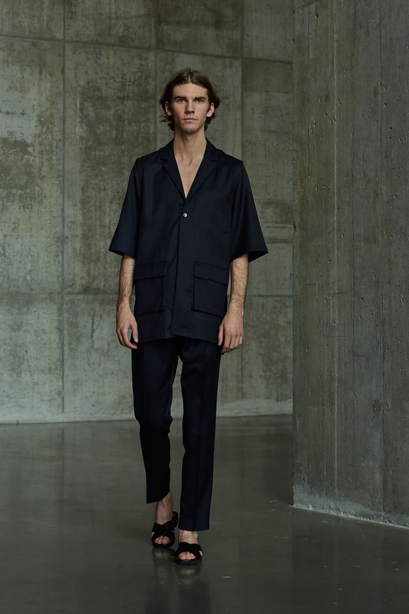 École de Pensée Spring/Summer 2020 Lookbook Blazers Jackets Shirts Trousers Pants Shorts Striped Tweed Blue Yellow Gray