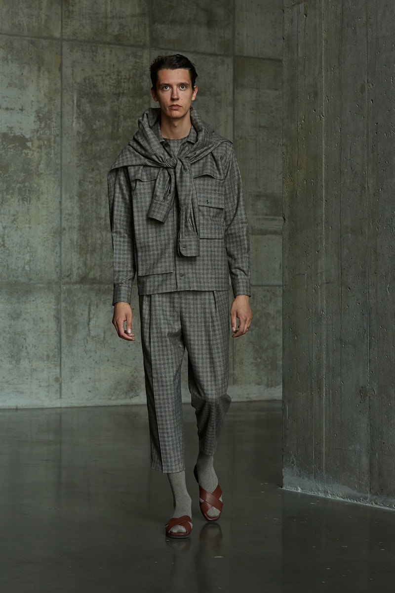 École de Pensée Spring/Summer 2020 Lookbook Blazers Jackets Shirts Trousers Pants Shorts Striped Tweed Blue Yellow Gray 