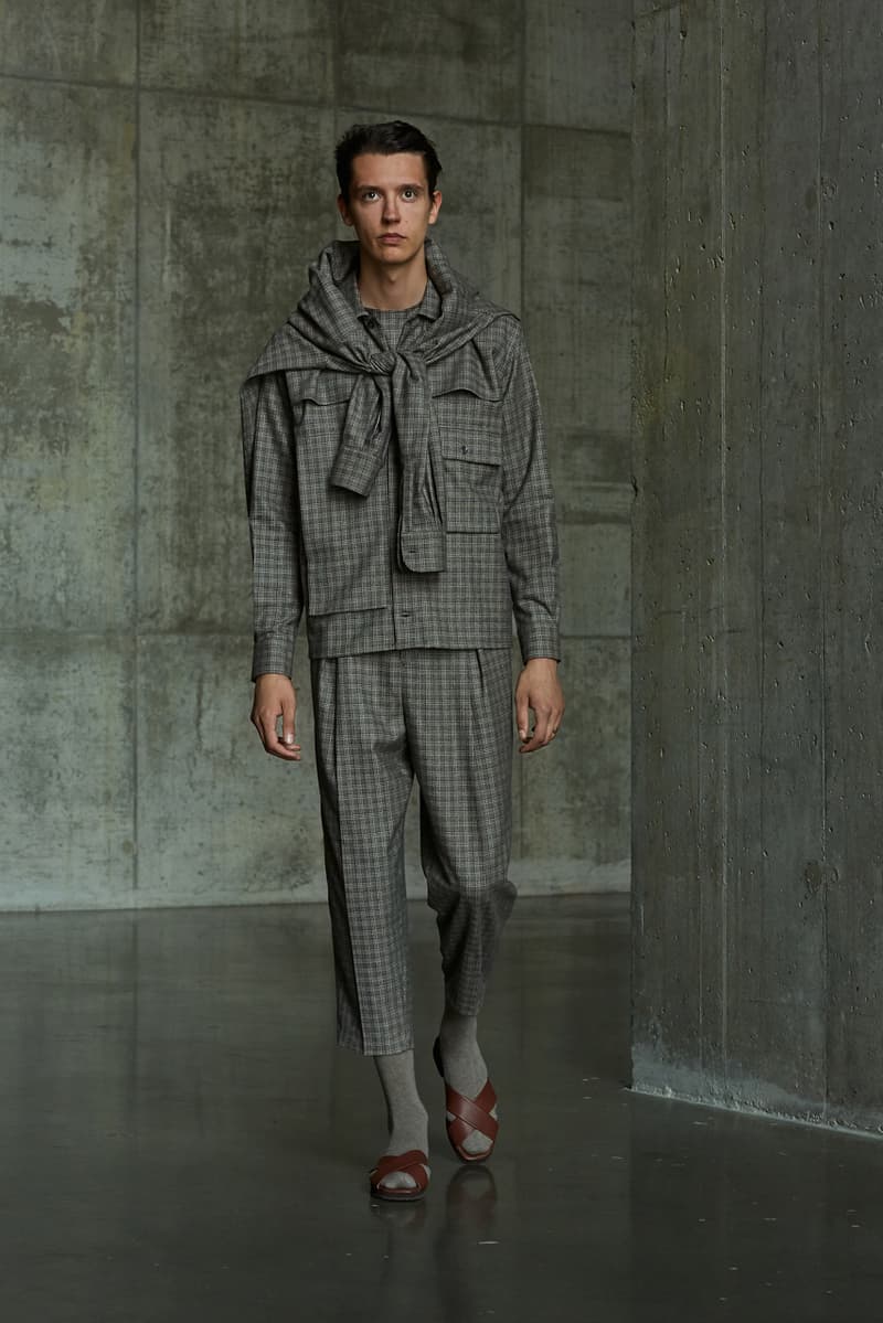 École de Pensée Spring/Summer 2020 Lookbook Blazers Jackets Shirts Trousers Pants Shorts Striped Tweed Blue Yellow Gray