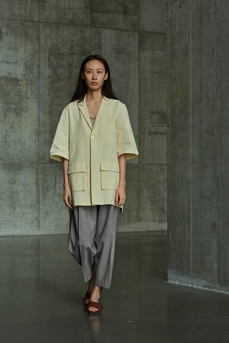 École de Pensée Spring/Summer 2020 Lookbook Blazers Jackets Shirts Trousers Pants Shorts Striped Tweed Blue Yellow Gray