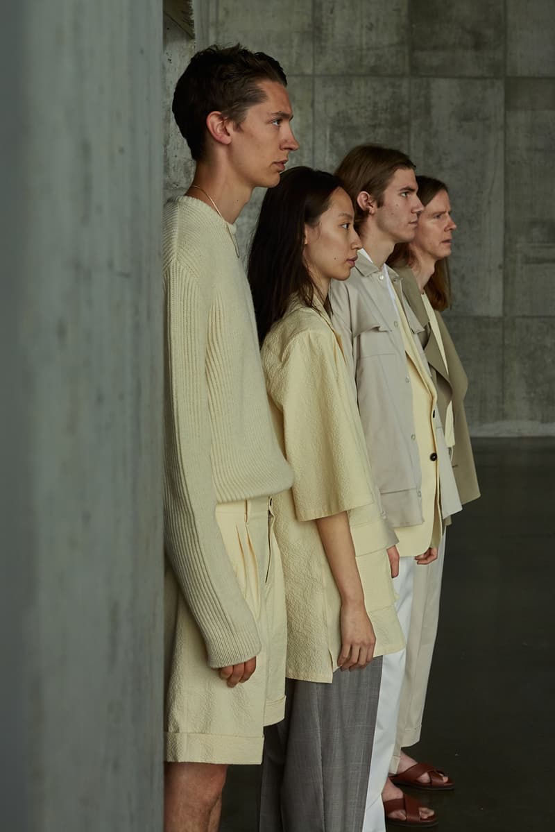 École de Pensée Spring/Summer 2020 Lookbook Blazers Jackets Shirts Trousers Pants Shorts Striped Tweed Blue Yellow Gray