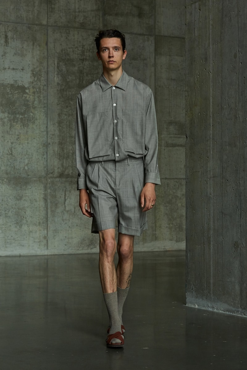 École de Pensée Spring/Summer 2020 Lookbook Blazers Jackets Shirts Trousers Pants Shorts Striped Tweed Blue Yellow Gray 