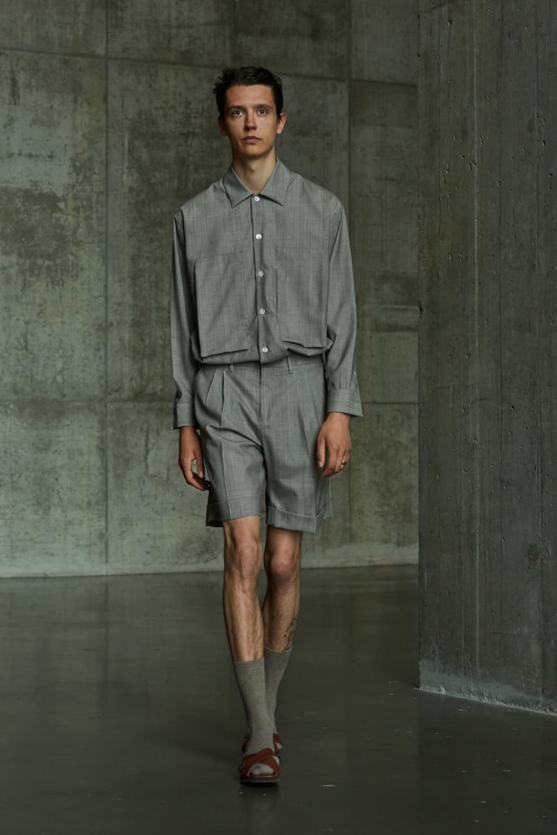 École de Pensée Spring/Summer 2020 Lookbook Blazers Jackets Shirts Trousers Pants Shorts Striped Tweed Blue Yellow Gray