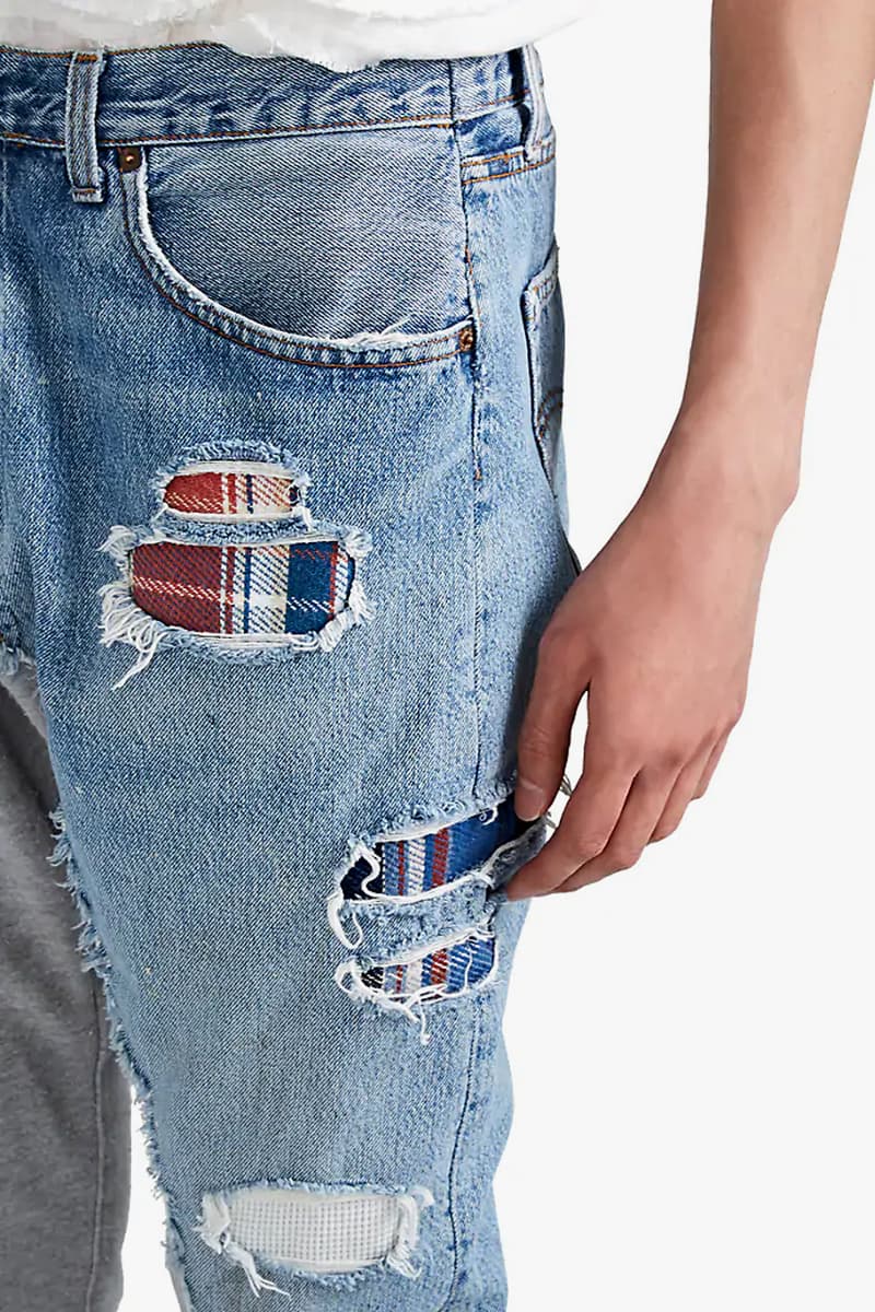 greg lauren denim french terry slim jeans patchwork plaid release 