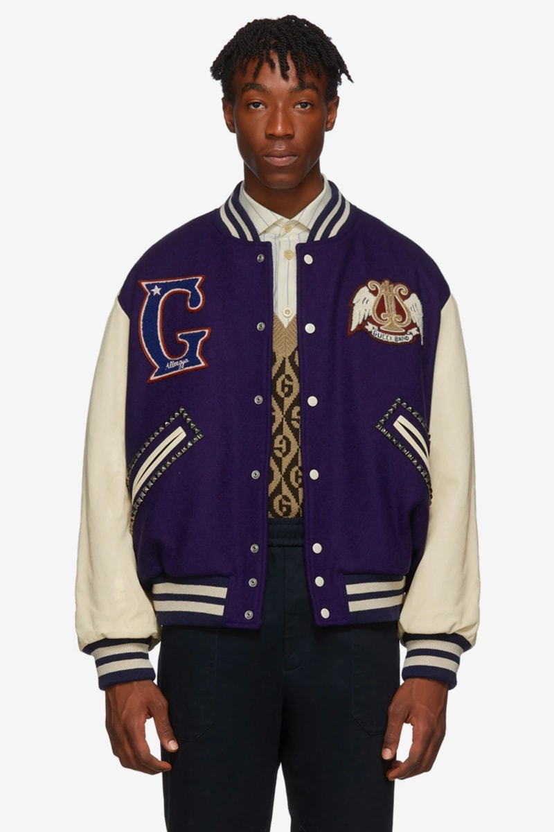 Gucci Gucci Band Varsity Jacket Blue Off white Blue Red Denim Bomber Jacket GG Blade Bomber Jacket collegiate jacket wool satin embroidery patches logos