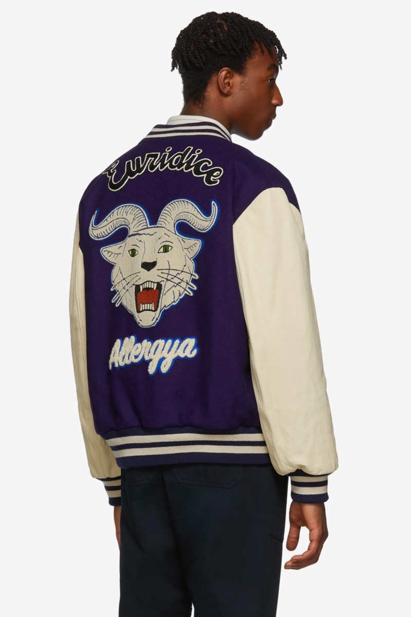 Gucci Gucci Band Varsity Jacket Blue Off white Blue Red Denim Bomber Jacket GG Blade Bomber Jacket collegiate jacket wool satin embroidery patches logos