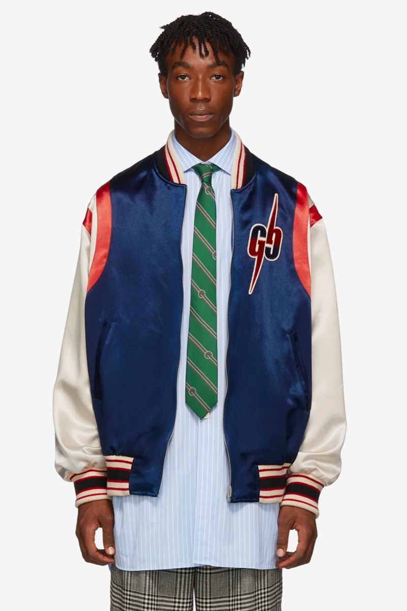 Gucci Gucci Band Varsity Jacket Blue Off white Blue Red Denim Bomber Jacket GG Blade Bomber Jacket collegiate jacket wool satin embroidery patches logos