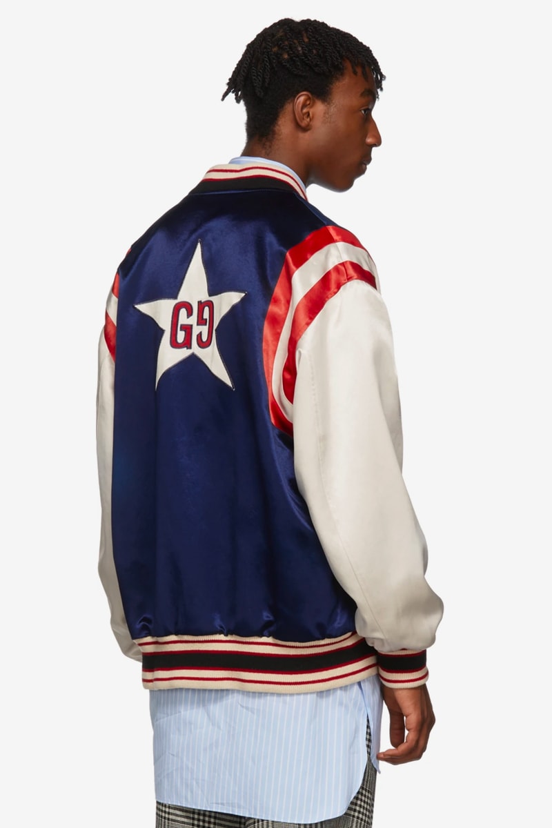 Gucci Gucci Band Varsity Jacket Blue Off white Blue Red Denim Bomber Jacket GG Blade Bomber Jacket collegiate jacket wool satin embroidery patches logos