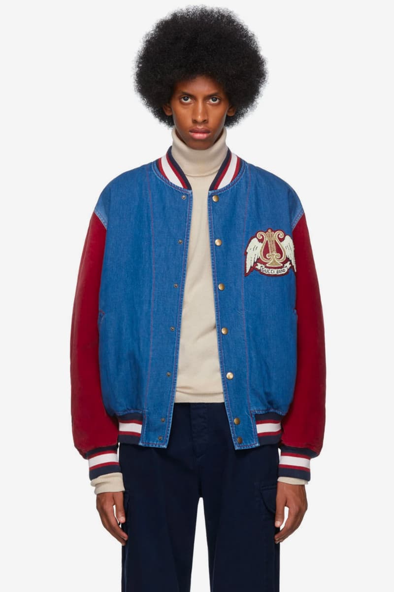 Gucci Gucci Band Varsity Jacket Blue Off white Blue Red Denim Bomber Jacket GG Blade Bomber Jacket collegiate jacket wool satin embroidery patches logos